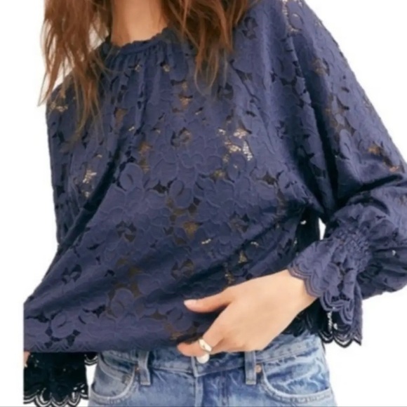 Free People Olivia Lace Top Long Sleeve Ruffle Semi-Sheer Feminine Romantic XS - Picture 3 of 14